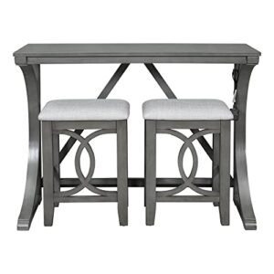 Solid Wood 3-Piece Counter Height Extra Long Dining Table Set Home Bistro Set with USB Port, Farmhouse Rustic Bar Pub Dining Table with 2 Upholstered Stools, Space Saving (Gray)