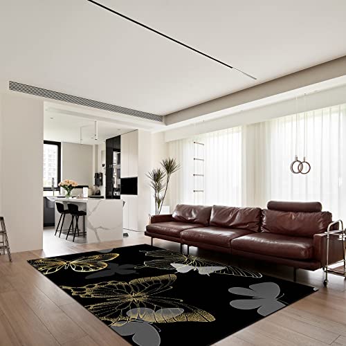 Light Luxury Black Gold Butterfly Area Rug, Simple Floral Decorative Rug, Fluffy Soft Machine Washable Breathable and Durable Suitable for Living Room Bedroom Dining Room Boy Girl Room 2 x 6ft