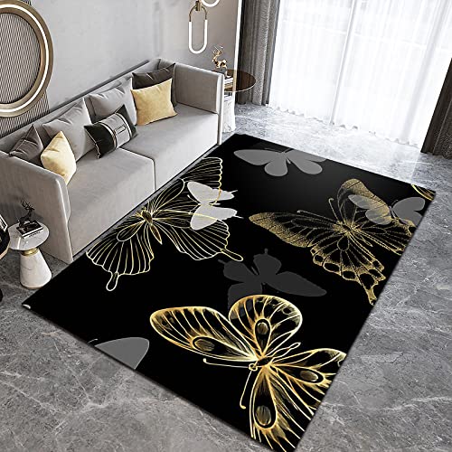 Light Luxury Black Gold Butterfly Area Rug, Simple Floral Decorative Rug, Fluffy Soft Machine Washable Breathable and Durable Suitable for Living Room Bedroom Dining Room Boy Girl Room 2 x 6ft