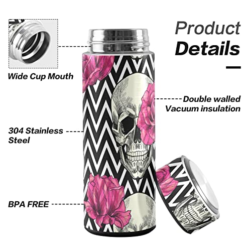 Water Bottle Skulls and Roses(1) Vacuum Insulated Stainless Steel, Double Walled, 17 Oz,Keep Cold or Hot Water Bottle(226vb1e)