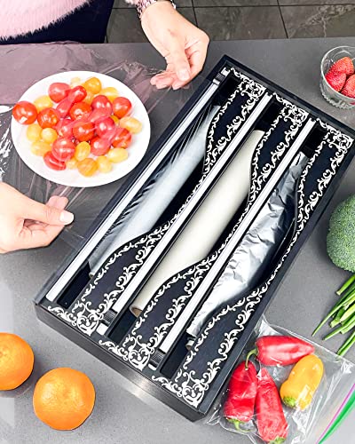 Extra Long Foil and Plastic Wrap Organizer for 15" Rolls, 3 in 1 Plastic Wrap Dispenser with Cutter, Aluminum Foil Organization And Storage, Parchment, Wax Paper Dispenser for Drawer