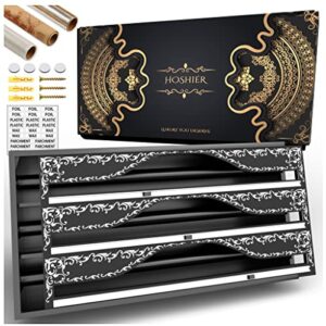 extra long foil and plastic wrap organizer for 15" rolls, 3 in 1 plastic wrap dispenser with cutter, aluminum foil organization and storage, parchment, wax paper dispenser for drawer