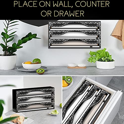 Extra Long Foil and Plastic Wrap Organizer for 15" Rolls, 3 in 1 Plastic Wrap Dispenser with Cutter, Aluminum Foil Organization And Storage, Parchment, Wax Paper Dispenser for Drawer