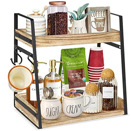 2 Tier Coffee Station Organizer, Rustic Coffee Bar Accessories Organizer for Coffee Bar Decor, Coffee Pods K Cup Holder with Mug Hooks, Wood Bathroom Counter Organizer Kitchen Spice Rack Storage Shelf