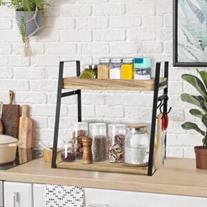 2 Tier Coffee Station Organizer, Rustic Coffee Bar Accessories Organizer for Coffee Bar Decor, Coffee Pods K Cup Holder with Mug Hooks, Wood Bathroom Counter Organizer Kitchen Spice Rack Storage Shelf