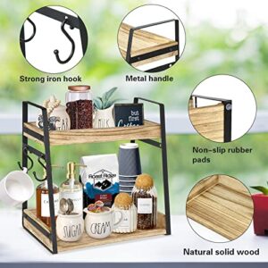 2 Tier Coffee Station Organizer, Rustic Coffee Bar Accessories Organizer for Coffee Bar Decor, Coffee Pods K Cup Holder with Mug Hooks, Wood Bathroom Counter Organizer Kitchen Spice Rack Storage Shelf