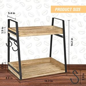 2 Tier Coffee Station Organizer, Rustic Coffee Bar Accessories Organizer for Coffee Bar Decor, Coffee Pods K Cup Holder with Mug Hooks, Wood Bathroom Counter Organizer Kitchen Spice Rack Storage Shelf