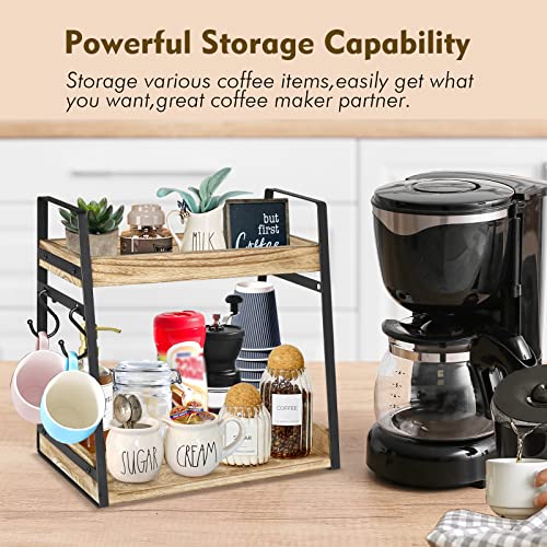 2 Tier Coffee Station Organizer, Rustic Coffee Bar Accessories Organizer for Coffee Bar Decor, Coffee Pods K Cup Holder with Mug Hooks, Wood Bathroom Counter Organizer Kitchen Spice Rack Storage Shelf