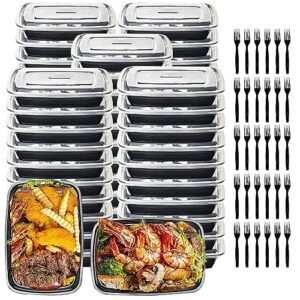 kikitchen 50pack 34oz meal prep container with lids and 30pcs forks, black plastic containers, reusable storage lunch boxes, portable bento box, plastic microwavable food containers