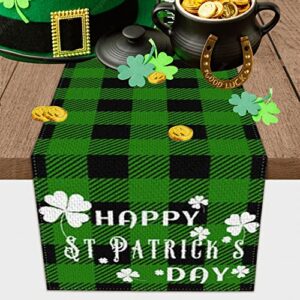 St Patricks Table Runner, Cozy Zestie Spring Green Shamrock Burlap Table Runners Holiday Day Decoration Kitchen Dining Buffalo Plaid Lucky Clover Table Runners for Home Party Decor 13 x 72 Inch