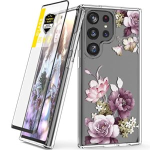 dagoroo for samsung galaxy s23 ultra case with tempered glass screen protector, girls women crystal clear flower pattern cases, slim fit soft tpu + pc shockproof cover for galaxy s23 ultra (purple)
