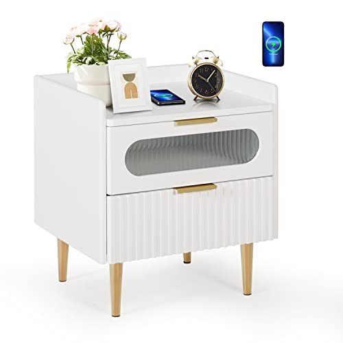 AILEEKISS Nightstand with Wireless Charging Function Modern Night Stands with Tempered Glass Drawer Wooden Nightstands for Bedroom (White)