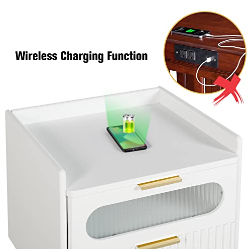 AILEEKISS Nightstand with Wireless Charging Function Modern Night Stands with Tempered Glass Drawer Wooden Nightstands for Bedroom (White)