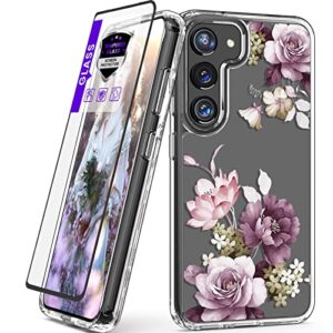 dagoroo for samsung galaxy s23 case with tempered glass screen protector, girls women crystal clear flower pattern cases, slim fit soft tpu + pc shockproof cover for galaxy s23 (purple)