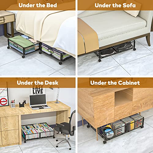 Sephyroth Metal Under bed Storage with Wheels,Under Bed Organization Containers for Bedroom Clothes Shoes Toys Book Blankets Quilts -Black(2Pack)