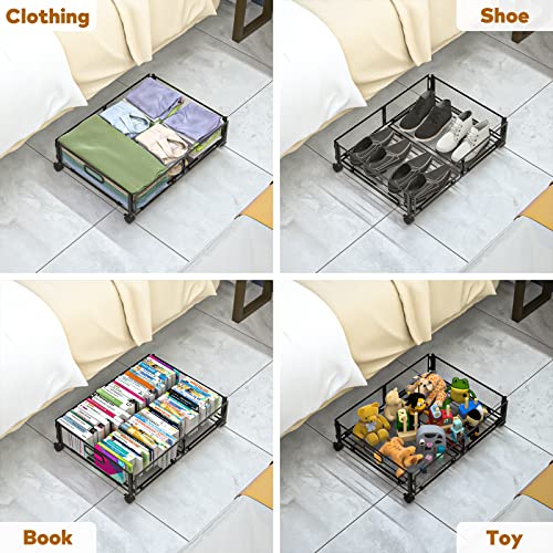 Sephyroth Metal Under bed Storage with Wheels,Under Bed Organization Containers for Bedroom Clothes Shoes Toys Book Blankets Quilts -Black(2Pack)