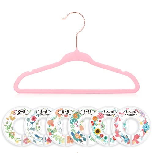 Rose Gold Baby Velvet Hangers 30 Pcs & 6 Closet Organizer Dividers, Non-Slip Kids Hangers, Pink