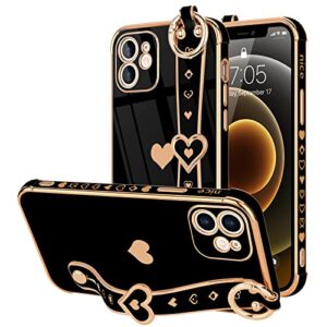 llz.coque for iphone 12 case cute love-heart plating strap phone cover for women girls bling soft silicone camera lens protection bumper shockproof phone case for iphone 12 (6.1'') - black