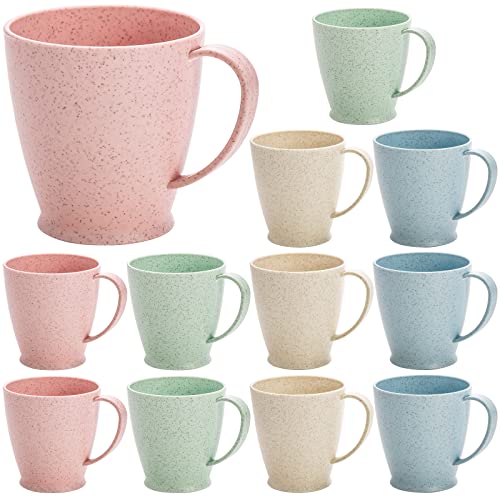 Peohud 12 Pack Wheat Straw Plastic Coffee Cups, 10 Oz Unbreakable Coffee Mugs with handles, Lightweight Toothbrush Cups, Healthy Drinking Mugs for Water, Milk, Tea, Juice, Elderly