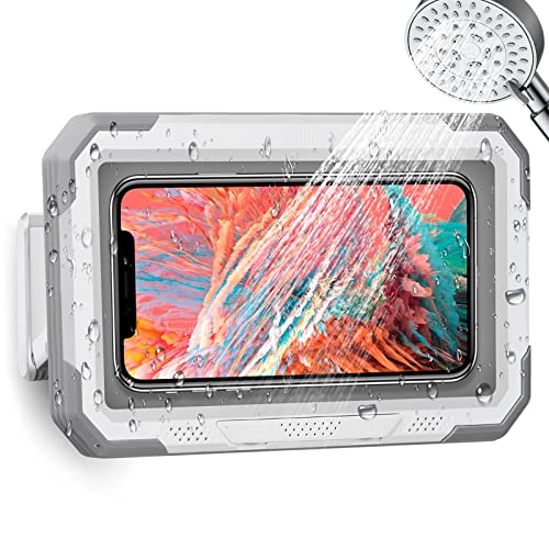 E-BAYKER Shower Phone Holder, Waterproof Universal Shower Phone Case Phone Stand Wall Mount Bathroom Glass Mirror Bathtub Kitchen for iPhone 14 13 12 11 Pro Max up to 6.8" Any Cell Phone - White