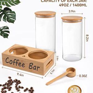 Glass Coffee Containers with Shelf Printed Coffee Bar- 2 Pcs 49oz BPA Free Coffee Storage Jars with Airtight Sealed Bamboo Lids Spoon, Kitchen Food Storage Jars for Coffee Beans & Powder, Sugar, Tea