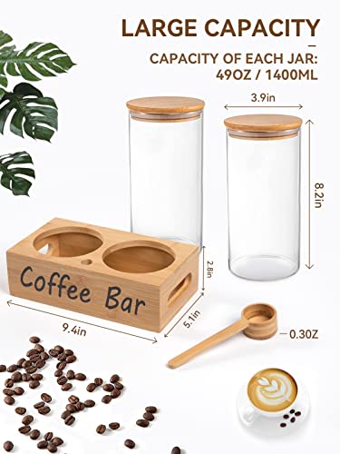 Glass Coffee Containers with Shelf Printed Coffee Bar- 2 Pcs 49oz BPA Free Coffee Storage Jars with Airtight Sealed Bamboo Lids Spoon, Kitchen Food Storage Jars for Coffee Beans & Powder, Sugar, Tea