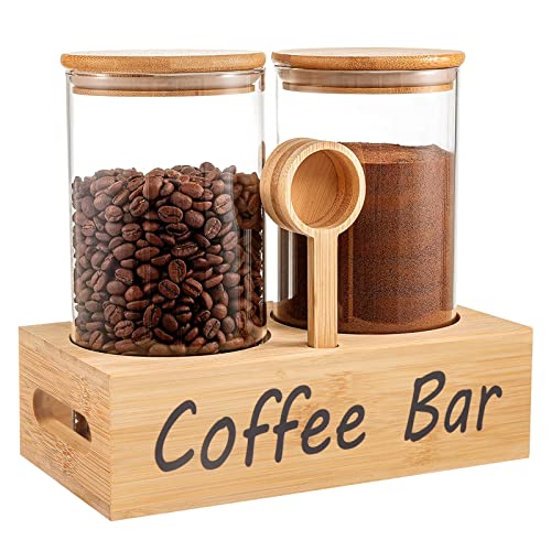 Glass Coffee Containers with Shelf Printed Coffee Bar- 2 Pcs 49oz BPA Free Coffee Storage Jars with Airtight Sealed Bamboo Lids Spoon, Kitchen Food Storage Jars for Coffee Beans & Powder, Sugar, Tea