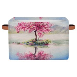 Oil Painting Of Cherry Trees Storage Basket, Collapsible Canvas Fabric Storage Toys Bin Shelves Decor Laundry Organizer with Leather Handles for Closet Shelf Nursery Bedroom 15x11x9.5 In