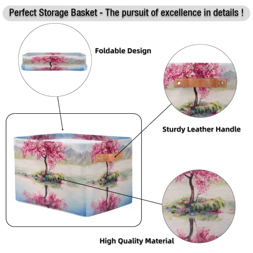 Oil Painting Of Cherry Trees Storage Basket, Collapsible Canvas Fabric Storage Toys Bin Shelves Decor Laundry Organizer with Leather Handles for Closet Shelf Nursery Bedroom 15x11x9.5 In