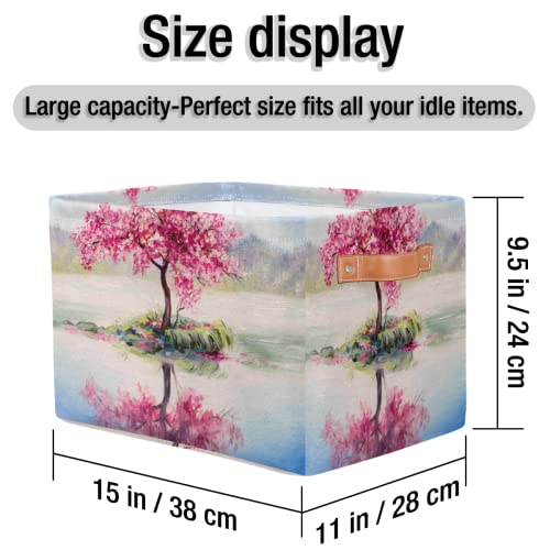 Oil Painting Of Cherry Trees Storage Basket, Collapsible Canvas Fabric Storage Toys Bin Shelves Decor Laundry Organizer with Leather Handles for Closet Shelf Nursery Bedroom 15x11x9.5 In