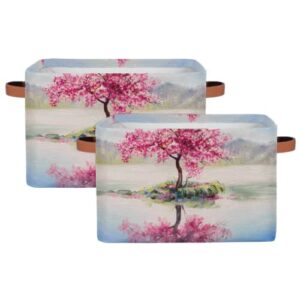 Oil Painting Of Cherry Trees Storage Basket, Collapsible Canvas Fabric Storage Toys Bin Shelves Decor Laundry Organizer with Leather Handles for Closet Shelf Nursery Bedroom 15x11x9.5 In