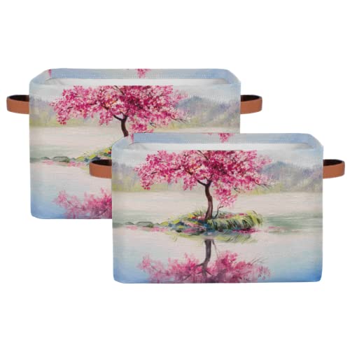 Oil Painting Of Cherry Trees Storage Basket, Collapsible Canvas Fabric Storage Toys Bin Shelves Decor Laundry Organizer with Leather Handles for Closet Shelf Nursery Bedroom 15x11x9.5 In