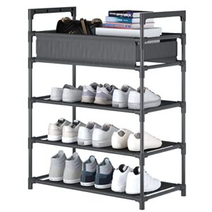 laiensia 4-tier stackable shoe rack,turdy shoe shelf, expandable & adjustable fabric non-woven fabric shoe shelf with storage organizer, black
