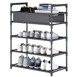 Laiensia 4-Tier Stackable Shoe Rack,turdy Shoe Shelf, Expandable & Adjustable Fabric Non-Woven Fabric Shoe Shelf with Storage Organizer, Black