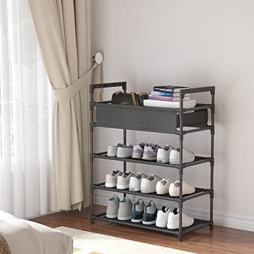 Laiensia 4-Tier Stackable Shoe Rack,turdy Shoe Shelf, Expandable & Adjustable Fabric Non-Woven Fabric Shoe Shelf with Storage Organizer, Black