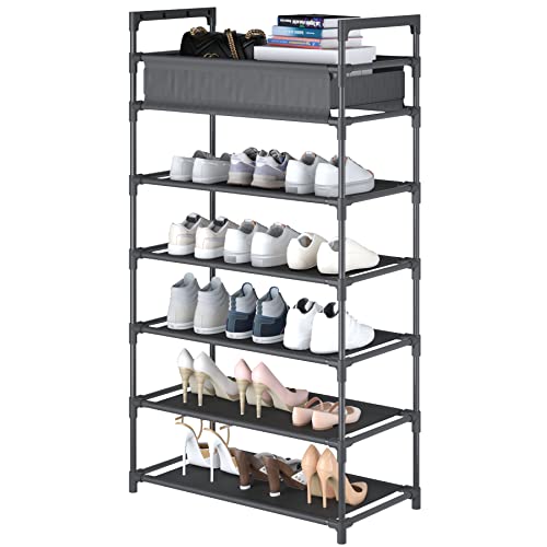 Laiensia 6-Tier Stackable Shoe Rack,turdy Shoe Shelf, Expandable & Adjustable Fabric Non-Woven Fabric Shoe Shelf with Storage Organizer, Black