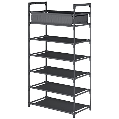 Laiensia 6-Tier Stackable Shoe Rack,turdy Shoe Shelf, Expandable & Adjustable Fabric Non-Woven Fabric Shoe Shelf with Storage Organizer, Black