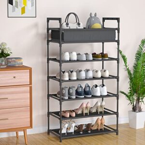 Laiensia 6-Tier Stackable Shoe Rack,turdy Shoe Shelf, Expandable & Adjustable Fabric Non-Woven Fabric Shoe Shelf with Storage Organizer, Black