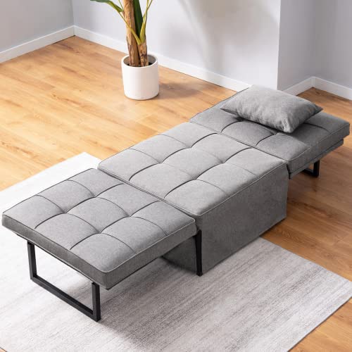CECER Convertible Chair Bed 4 in 1 | Convertible Ottoman Guest Bed with Pullout Couch Sleeper Sofa | Foldable Guest Bed for Watching TV Reading Sleeping Resting- Light Grey