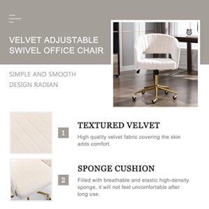 Qtivii Velvet Home Office Chair, Modern Office Chair with Gold Base, Home Office Desk Chair for Living Room, Bedroom, Vanity, Study (Beige)