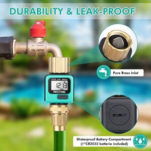 RESTMO Water Flow Meter with Brass Inlet Metal Thread, Measure Gallon/Liter Consumption and Flow Rate for Outdoor Garden Hose Watering, RV Water Tank Filling, Lawn Sprinkler and Nozzle Sprayer