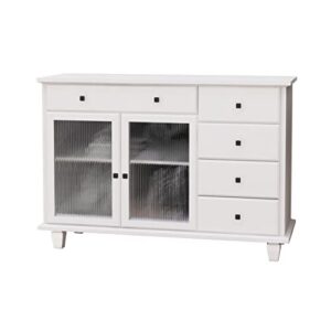 RASOO Buffet Cabinet White Modern Sideboard Cupboards with 2 Glass Doors Adjustable Shelf & 5 Drawers Farmhous Kitchen Storage Cabinet for Dining Living Room