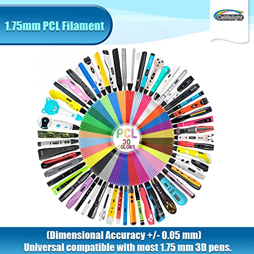3D Printing Pen PCL Filament 1.75mm Refills,30 Colors, Each Color 16.4 Feet, Total 492 Feet, Pack with 2 Finger Caps & 2 Drawing Guide Book, High-Precision Diameter and Safe Refill