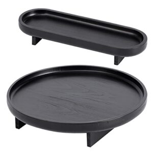 ferahi black decorative trays, 2 pcs black trays for coffee table, round wood serving tray, black vanity tray for bathroom, wood riser for kitchen, black tray decor, modern farmhouse decor