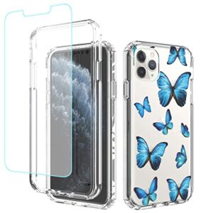 sidande case for iphone 11 pro max case with tempered glass screen protector, full body clear floral tpu slim phone protective armor cover for apple iphone 11 pro max 6.5" (butterfly)