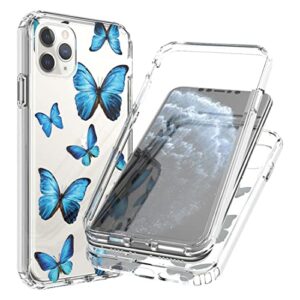 sidande Case for iPhone 11 Pro Max Case with Tempered Glass Screen Protector, Full Body Clear Floral TPU Slim Phone Protective Armor Cover for Apple iPhone 11 Pro Max 6.5" (Butterfly)