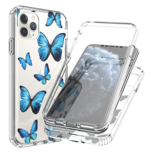 sidande Case for iPhone 11 Pro Max Case with Tempered Glass Screen Protector, Full Body Clear Floral TPU Slim Phone Protective Armor Cover for Apple iPhone 11 Pro Max 6.5" (Butterfly)