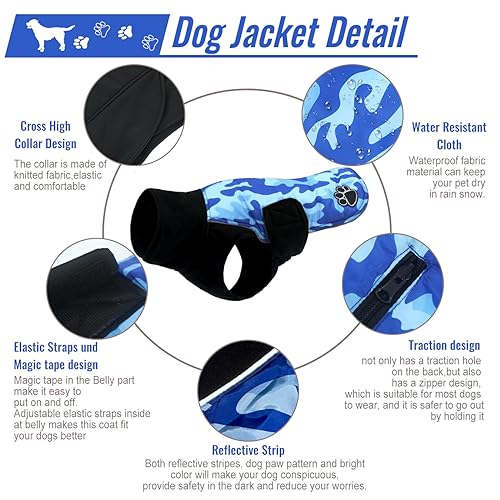 ALAGIRLS Reversible Dog Cold Weather Coat, Dog Winter Jacket Pet Apparel Outfit for Small Medium and Large Dogs, Warm Dog Winter Coat with Harness Hole, BlueCamo XXL