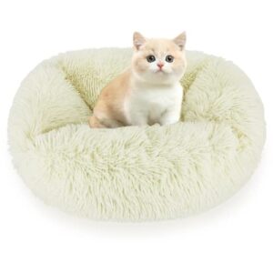 foscvfu 24inch calming cat bed, small dog cute donut, machine washable, soft fluff anti anxiety puppy sofas, fluffy kitten indoor heating animal house cushion