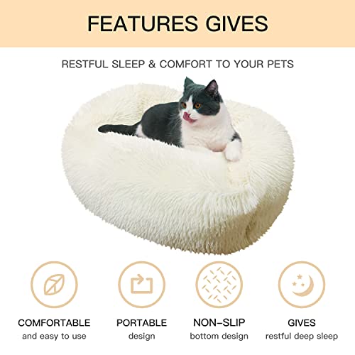 Foscvfu 24Inch Calming Cat Bed, Small Dog Cute Donut, Machine Washable, Soft Fluff Anti Anxiety Puppy Sofas, Fluffy Kitten Indoor Heating Animal House Cushion